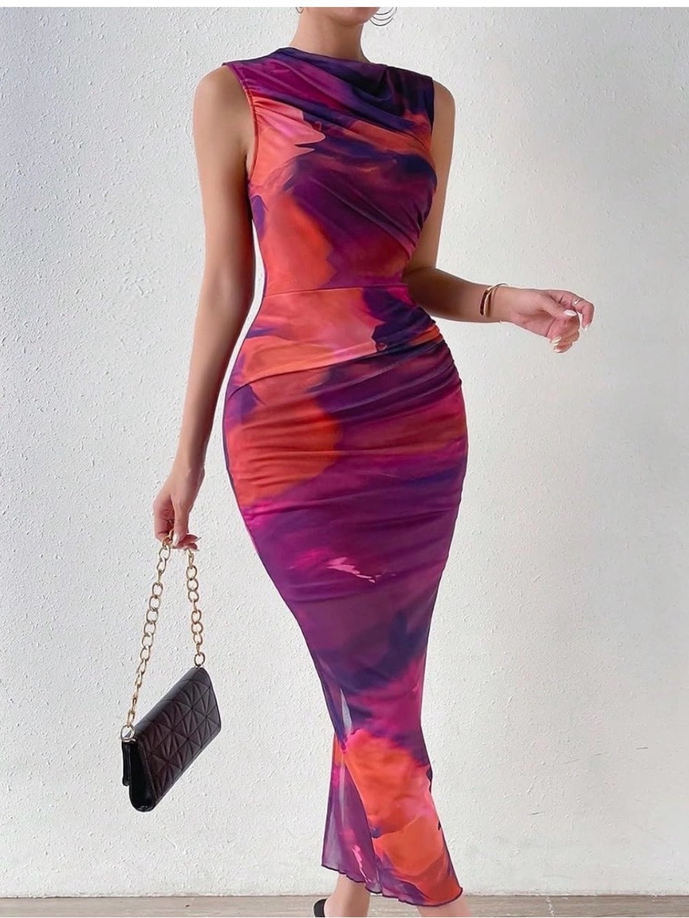 Sleeveless Purple & Orange Bodycon Midi Dress - Sleek Evening Style